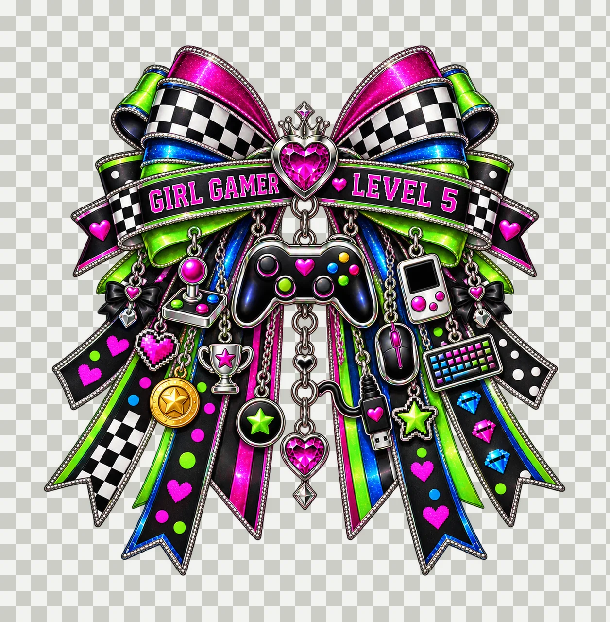 Girl Gamer Level 5 Bow Charm PNG, Patterned Coquette Bow Clipart, Transparent Sublimation Digital Download transparency and detail preview thumbnail