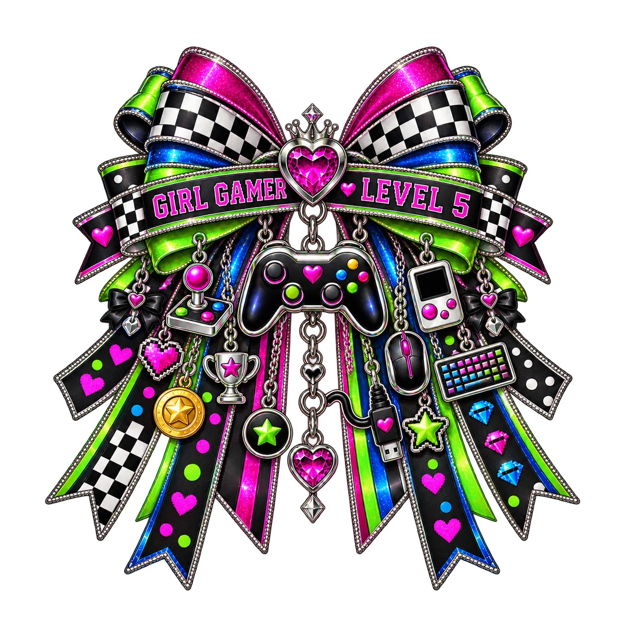 Girl Gamer Level 5 Bow Charm PNG, Patterned Coquette Bow Clipart, Transparent Sublimation Digital Download