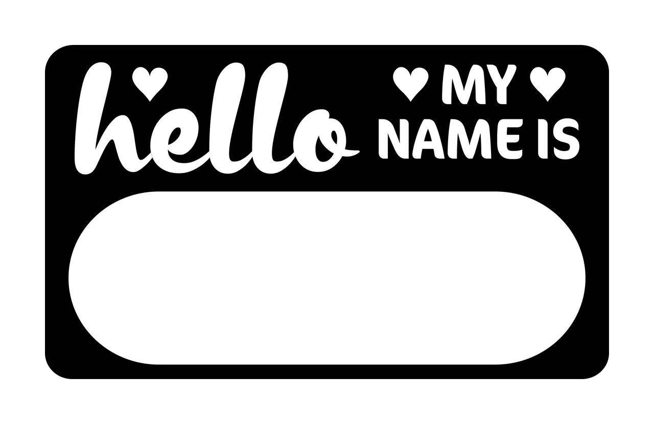 Hello MY NAME IS Name tag sticker Design with rounded rectangle, script text, sans-serif text and heart icons in black and white