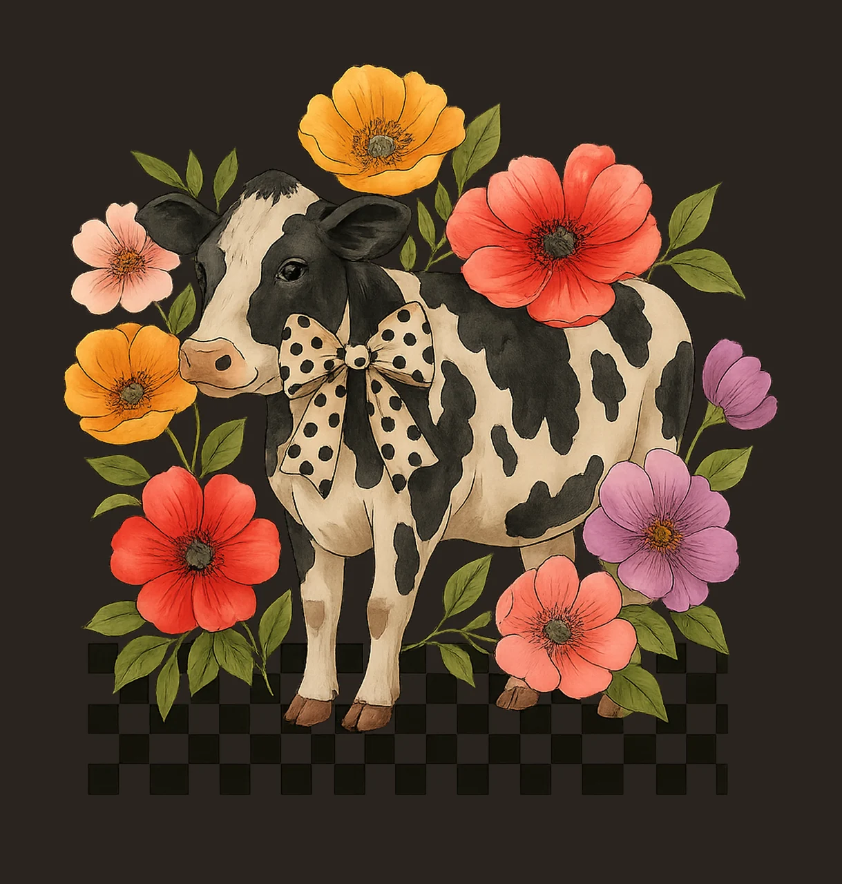 Checkered Cow With Polka Dot Bow And Flowers pattern spotted contrast preview thumbnail