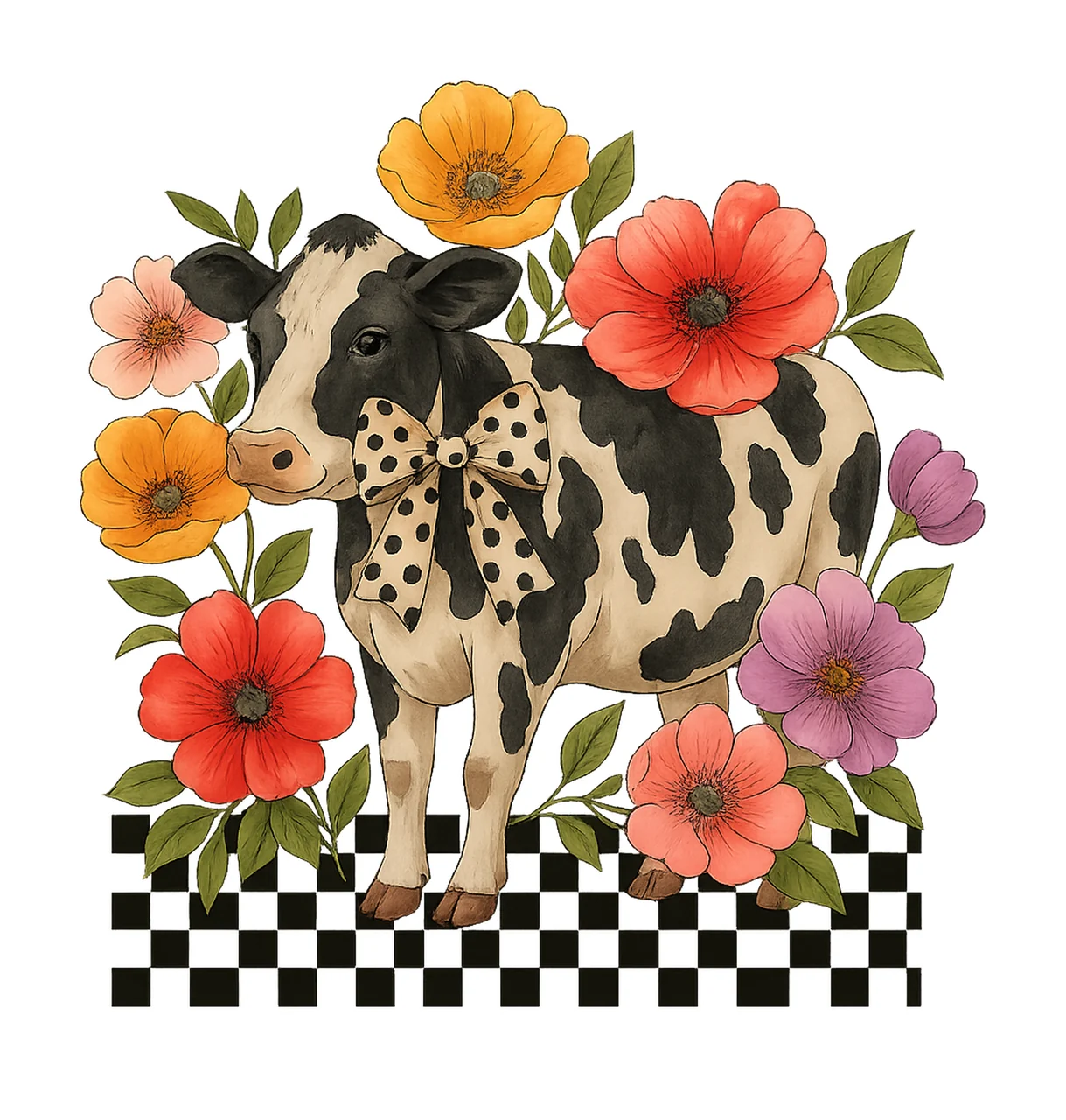 Checkered Cow With Polka Dot Bow And Flowers pattern spotted