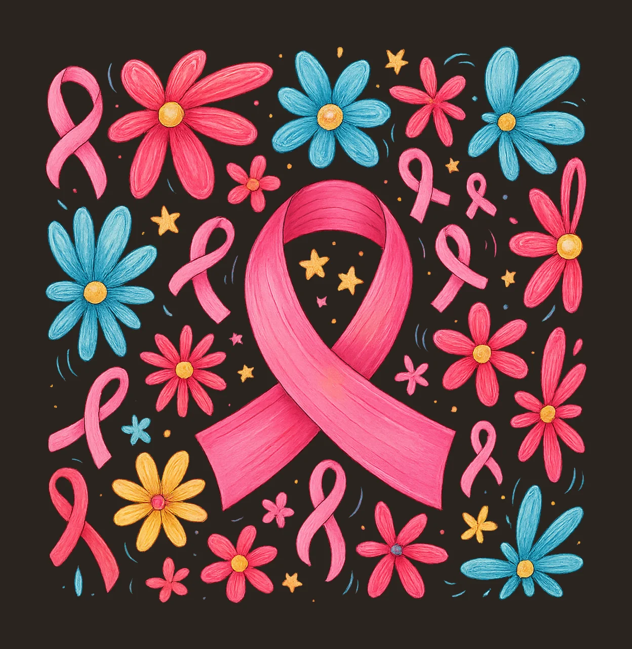 Awareness Pink Ribbon And Flowers stars blue yellow pattern contrast preview thumbnail