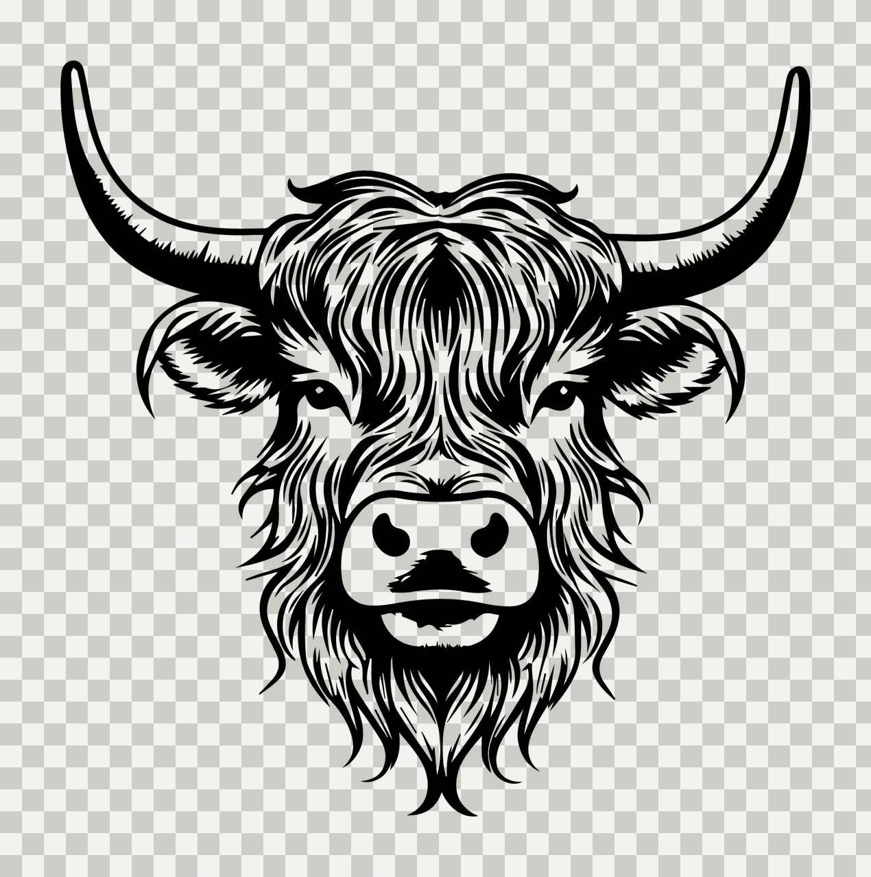 Highland Cow Black Silhouette Portrait viewing head horn white transparency and detail preview thumbnail