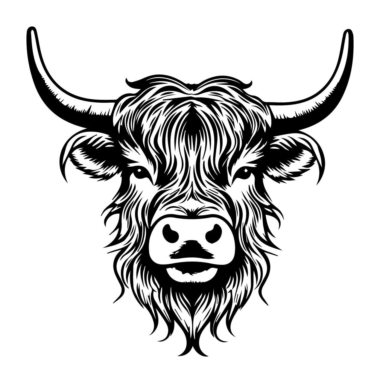 Highland Cow Black Silhouette Portrait viewing head horn white