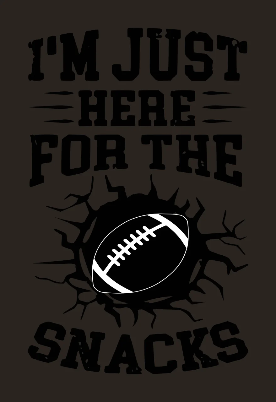 I'M JUST HERE FOR THE SNACKS American football sports humor quote Design with cracked surface, bursting hole, distressed typography and accent lines in black and white contrast preview thumbnail