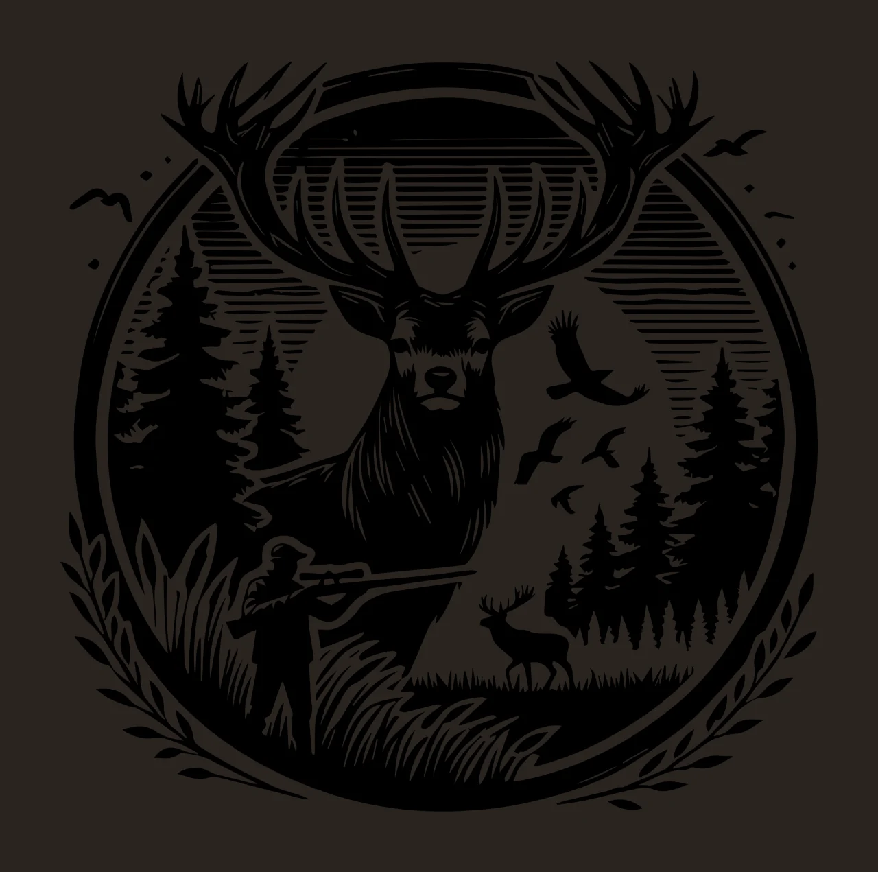 Deer Head Framed By Forest Scene posed trees hunter birds engraving contrast preview thumbnail