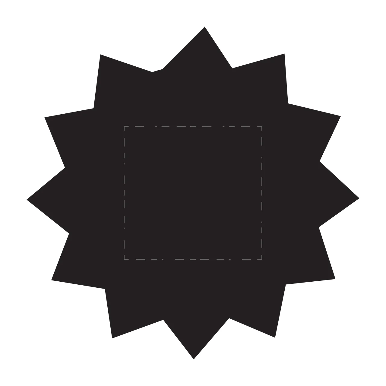 Black starburst-shaped badge with central dashed square Illustration with black starburst shape and dashed square outline in gray