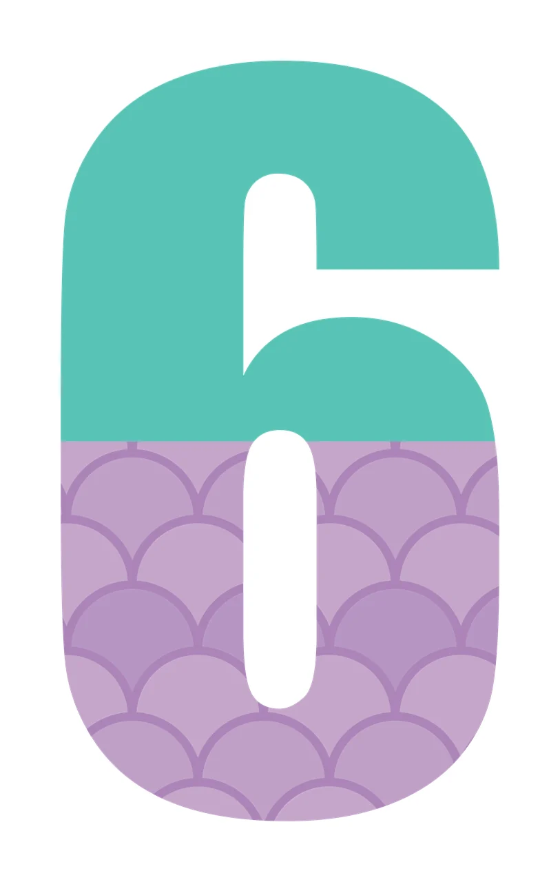 6 Number Design with numeral six, scale pattern and split color design in teal, turquoise and purple