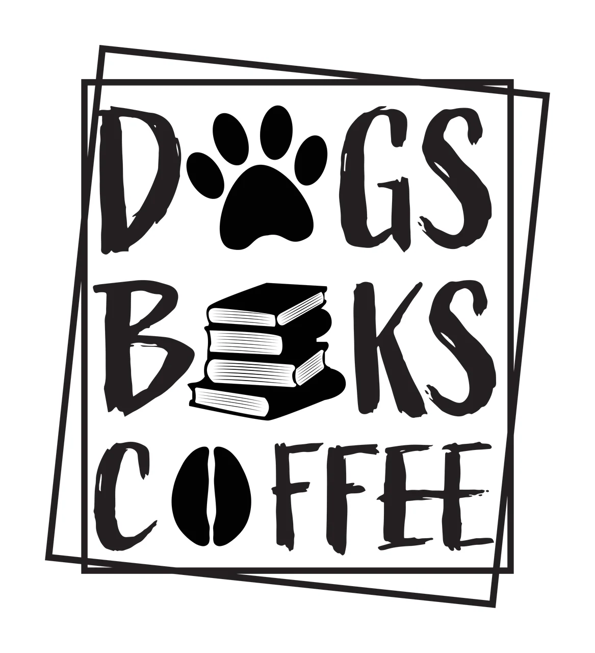 DOGS BOOKS COFFEE Typography Design with Dogs Books Coffee text, paw print, stacked books and coffee bean in black and white