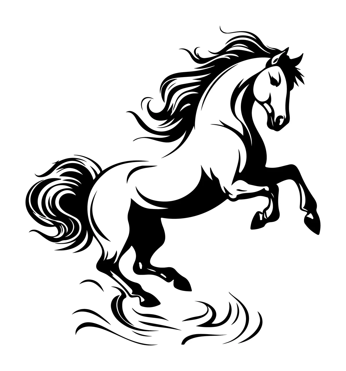 Horse Black And White Rearing Illustration manes tails stencil