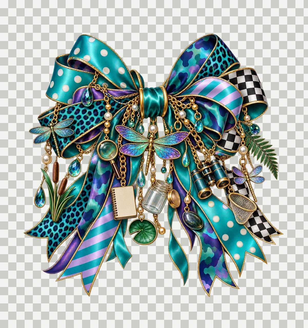 Dragonfly Lover Bow Charm PNG, Themed Gold Chain Charms, Coquette Ribbon Sublimation Design, Transparent Digital Download transparency and detail preview thumbnail