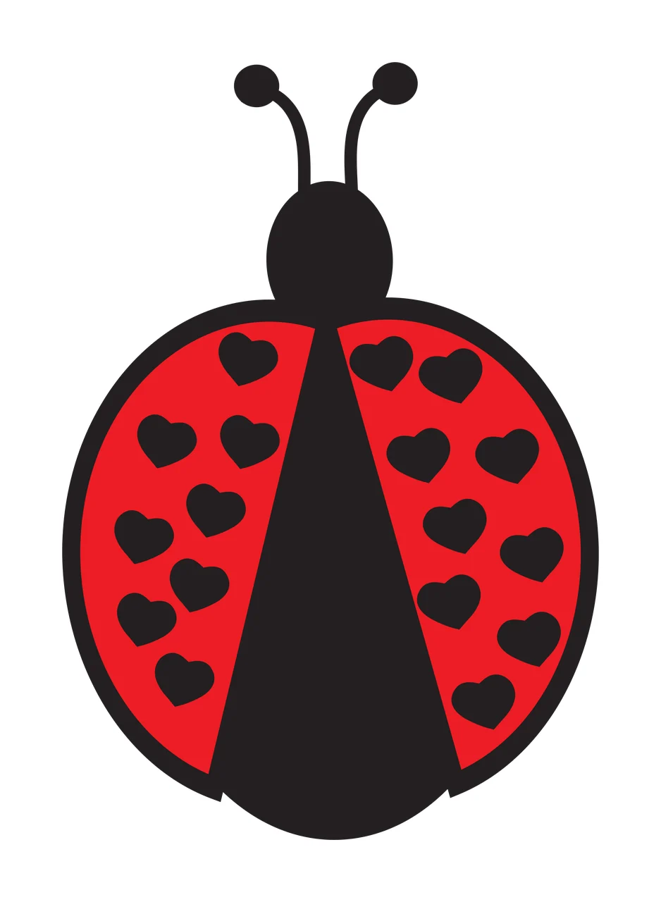 Ladybug with heart-shaped spots Illustration with red ladybug, black heart-shaped spots, black body and two antennae