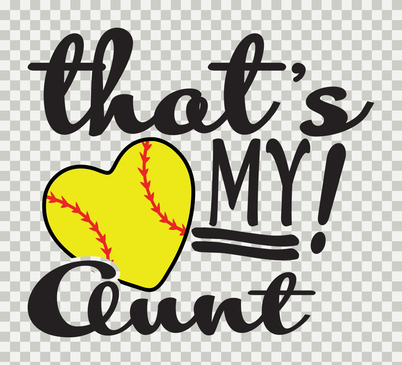 That's MY! Aunt Typography Design with text, heart-shaped softball, red seams and underline in black and yellow transparency and detail preview thumbnail