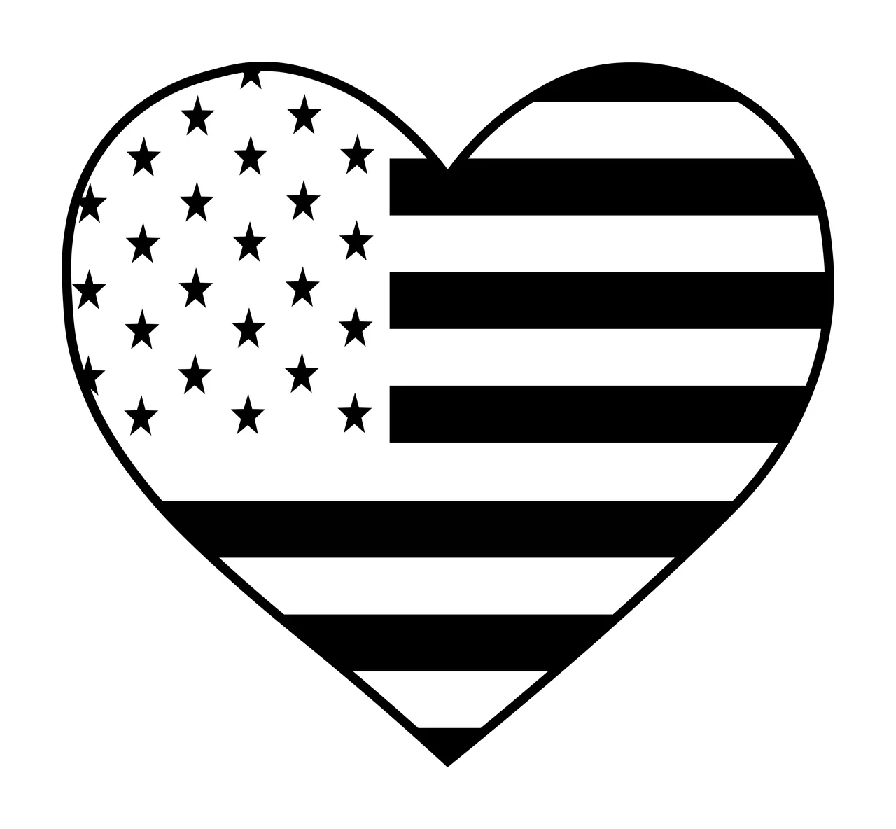 Heart Shape With American Flag Pattern In Black stars lines