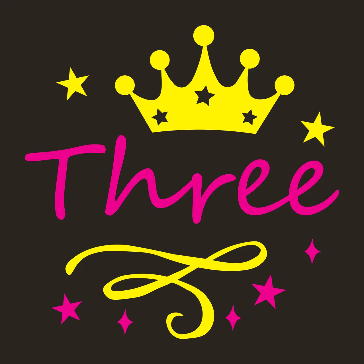 Three Third birthday Design with pink cursive text, yellow crown and white stars contrast preview thumbnail