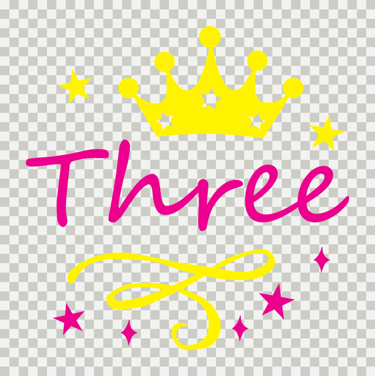Three Third birthday Design with pink cursive text, yellow crown and white stars transparency and detail preview thumbnail