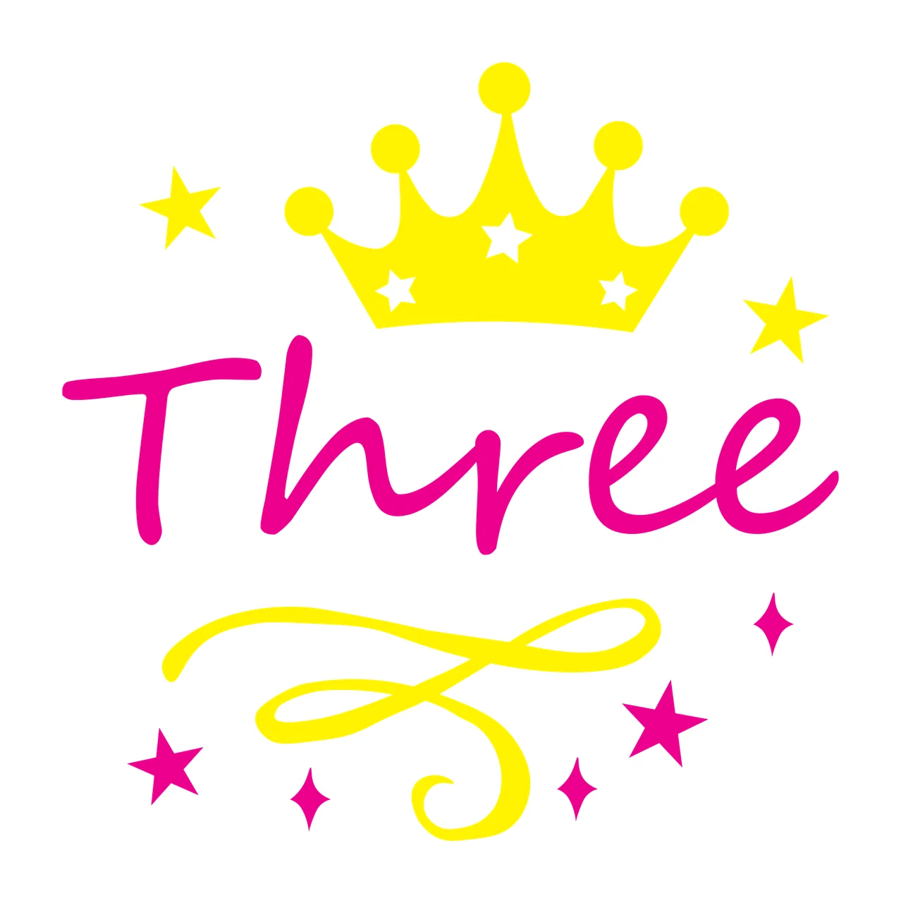 Three Third birthday Design with pink cursive text, yellow crown and white stars