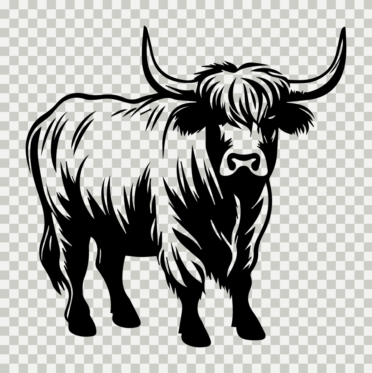 Highland Cow Standing Silhouette horns hair black white farm transparency and detail preview thumbnail