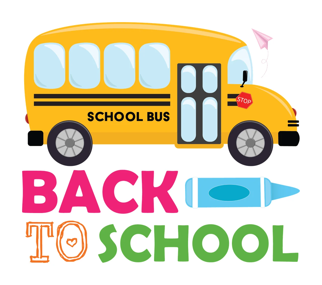 Back To School Bus And Pencil driving paper plane black white