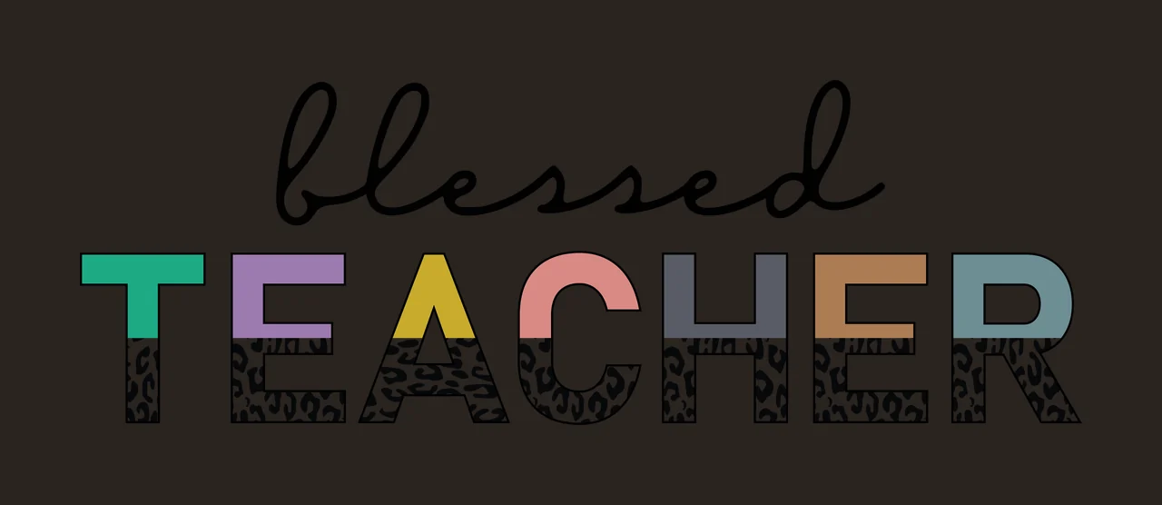 Blessed TEACHER Typography Design with black cursive 'blessed', multicolored block letters 'TEACHER', leopard print pattern on bottom of each letter and green purple yellow pink gray brown teal contrast preview thumbnail