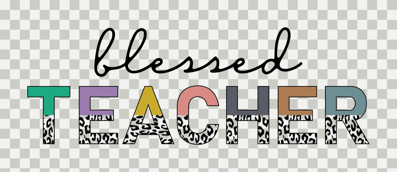Blessed TEACHER Typography Design with black cursive 'blessed', multicolored block letters 'TEACHER', leopard print pattern on bottom of each letter and green purple yellow pink gray brown teal transparency and detail preview thumbnail