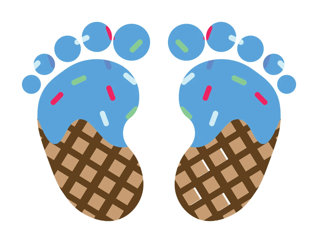 Ice cream footprints Illustration with blue ice cream scoop, brown waffle cone base, colorful sprinkles and footprint toe dots in red
