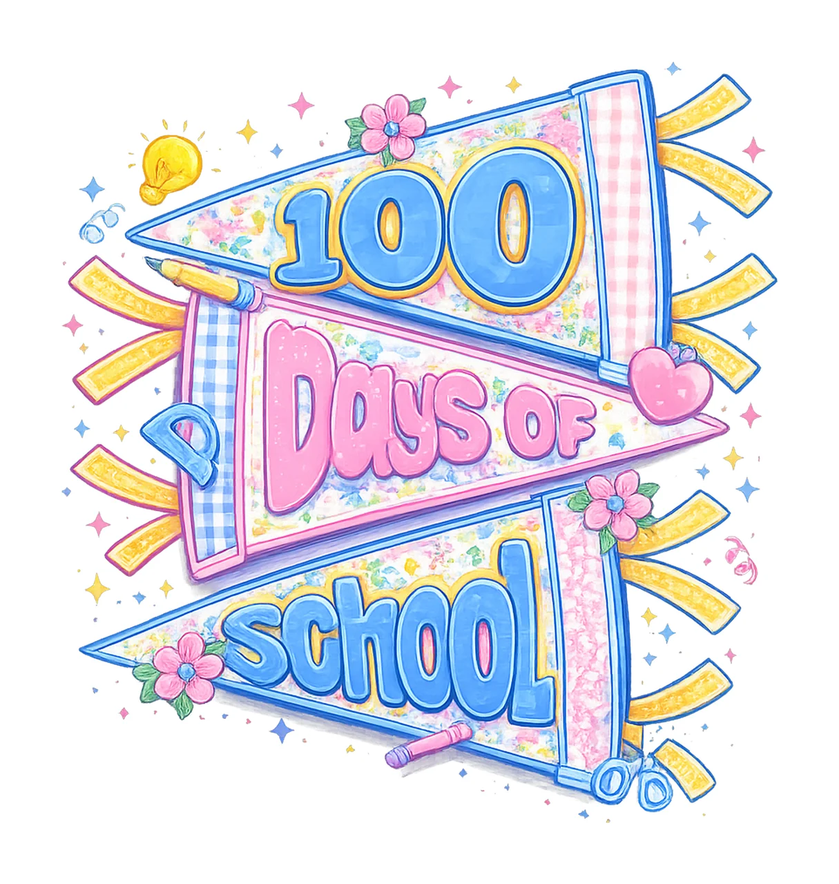 Preppy Teacher 100 Days of School Floral Pennants Glitter