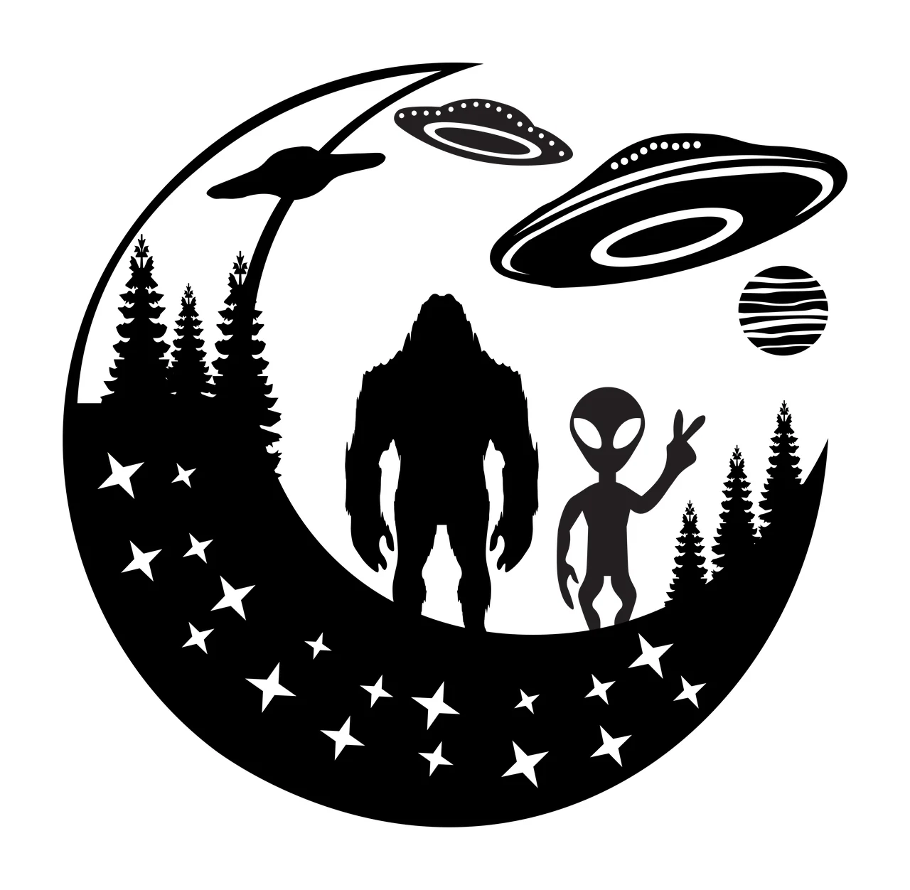 Alien Black Crescent Moon With Scene hovering creature ufo
