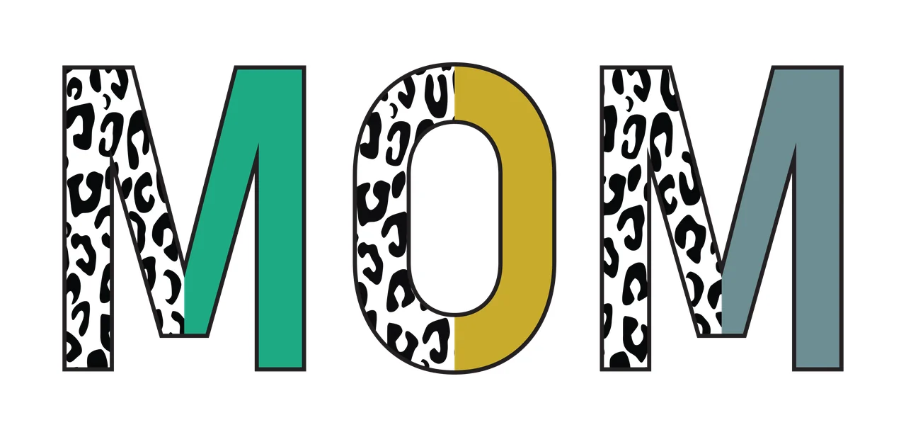 MOM Typography Design with black and white leopard print, split letters, black outline and block typography in teal