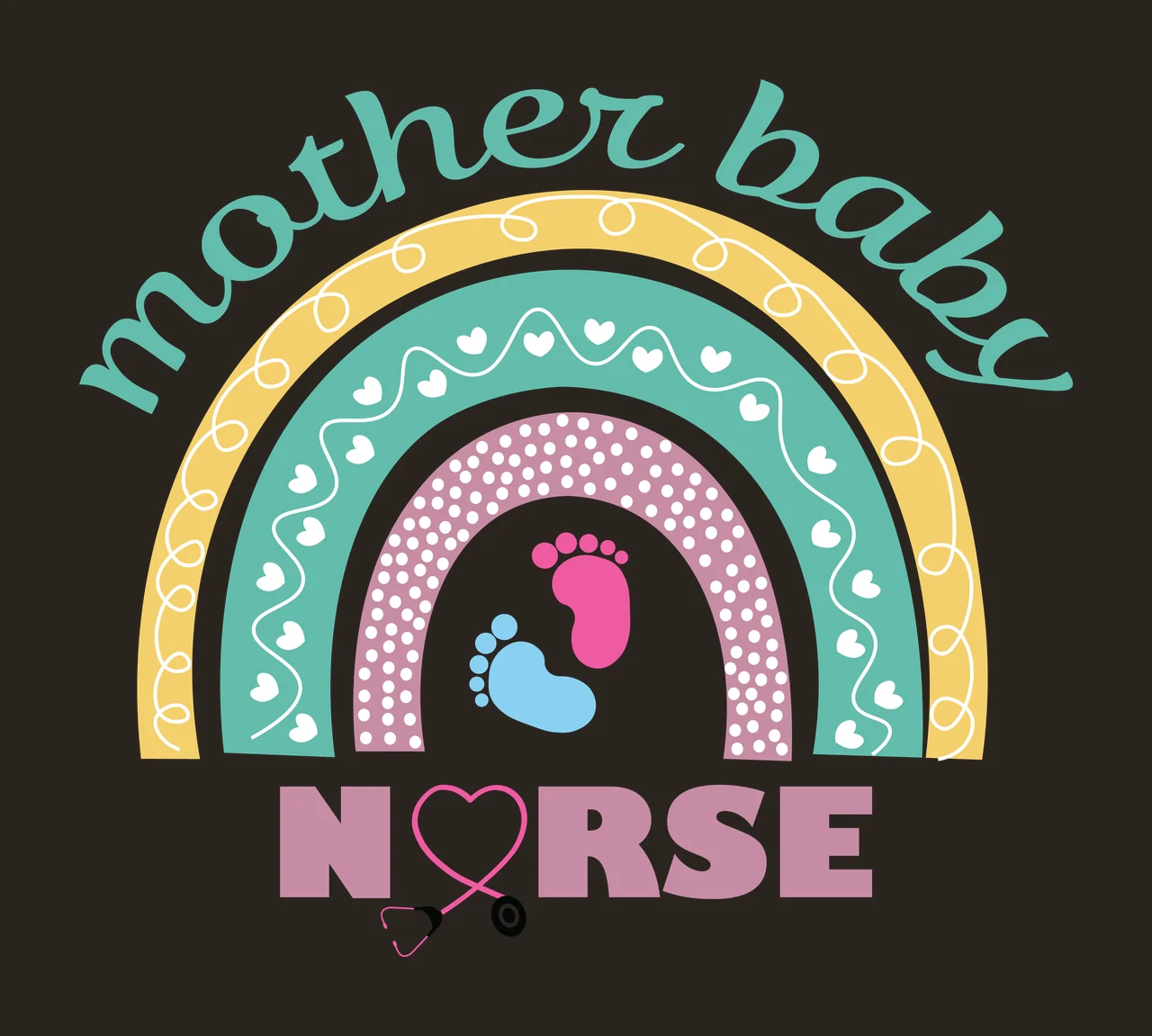 Mother Baby Nurse Graphic Rainbow stationary footprints stethoscope contrast preview thumbnail