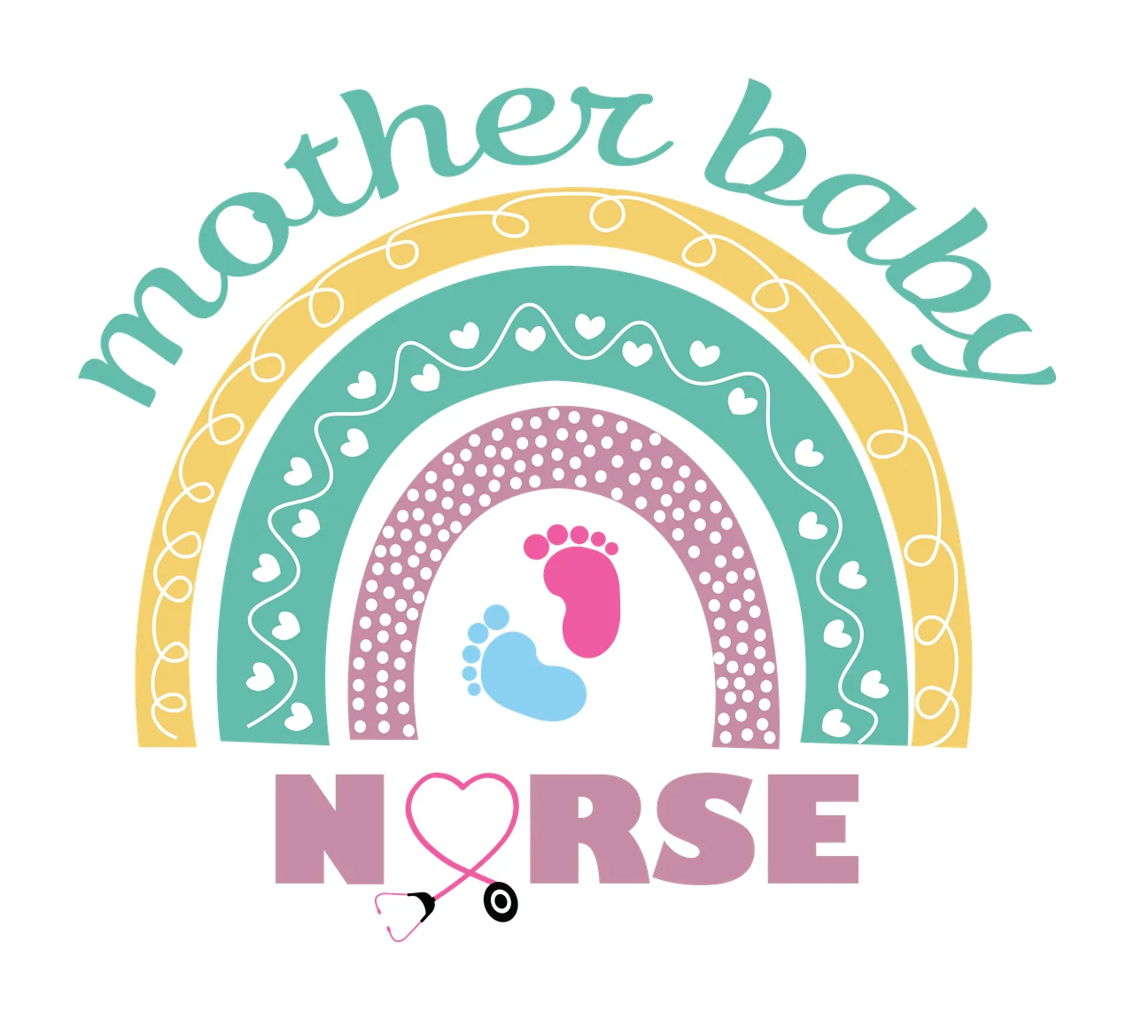 Mother Baby Nurse Graphic Rainbow stationary footprints stethoscope