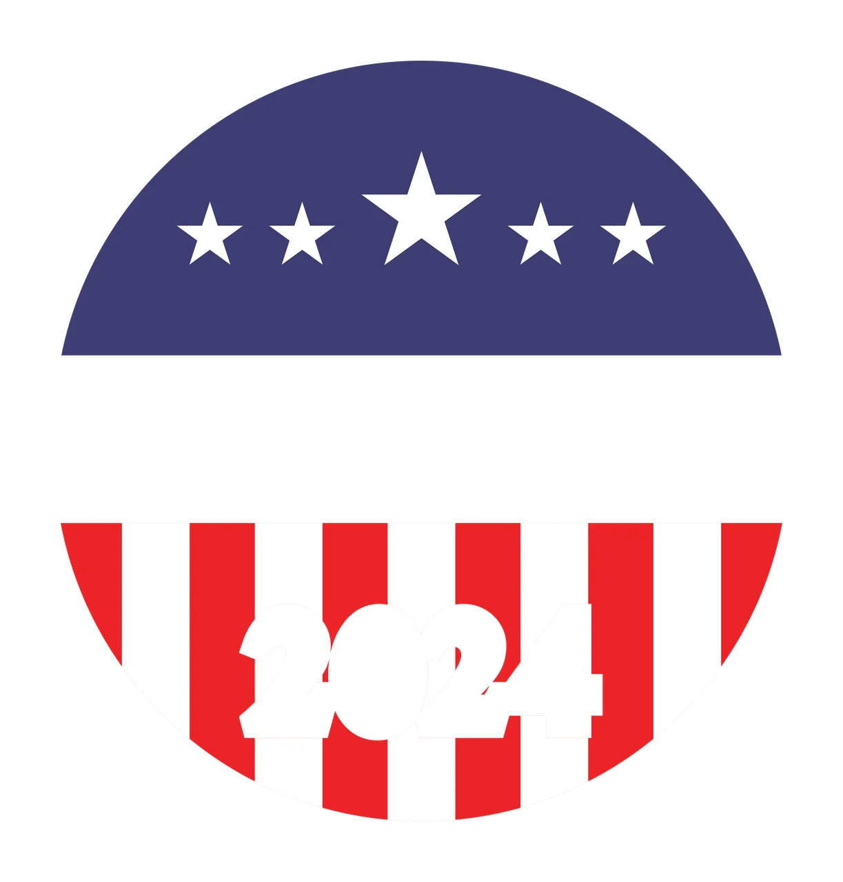 2024 Typography Design with blue semicircle with five white stars, white horizontal band, red-and-white vertical striped semicircle and white '2024' text