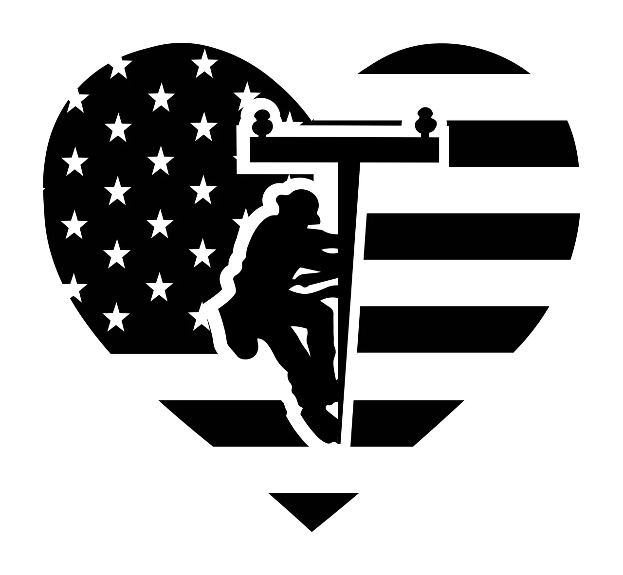Silhouette Design of lineworker climbing utility pole with heart shape, american flag, stars and stripes in black and white