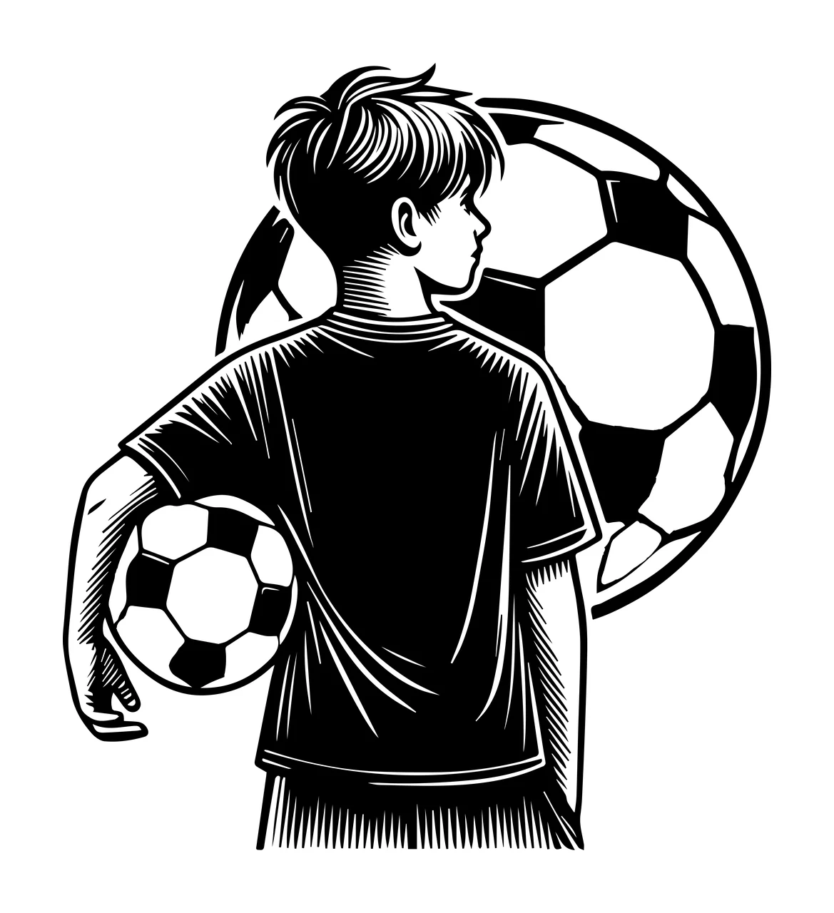 Soccer Ball Boy With Illustration standing engraving line art