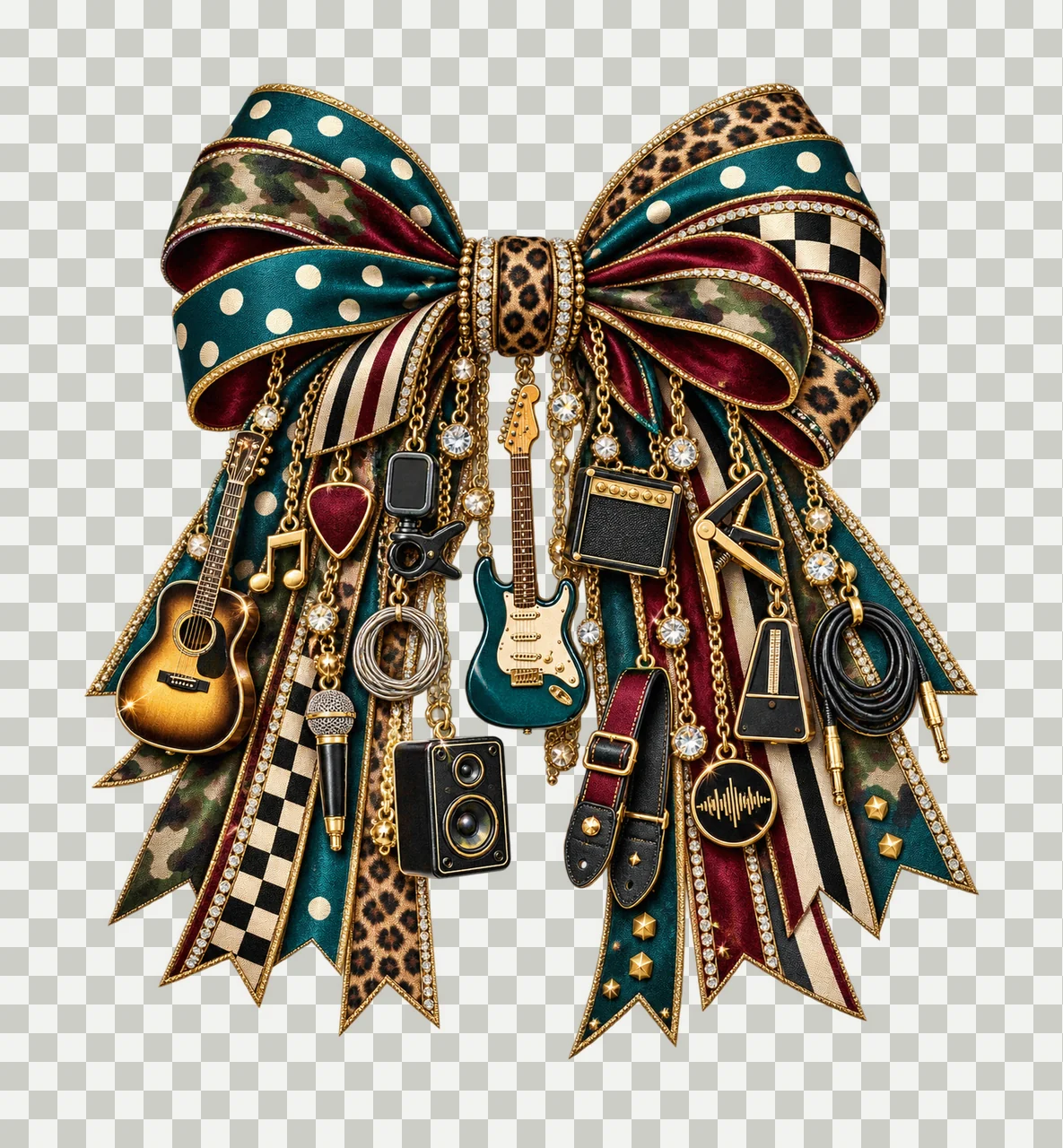 Guitar Player Bow Charm PNG, Themed Gold Chain Charms, Coquette Ribbon Sublimation Design, Transparent Digital Download transparency and detail preview thumbnail