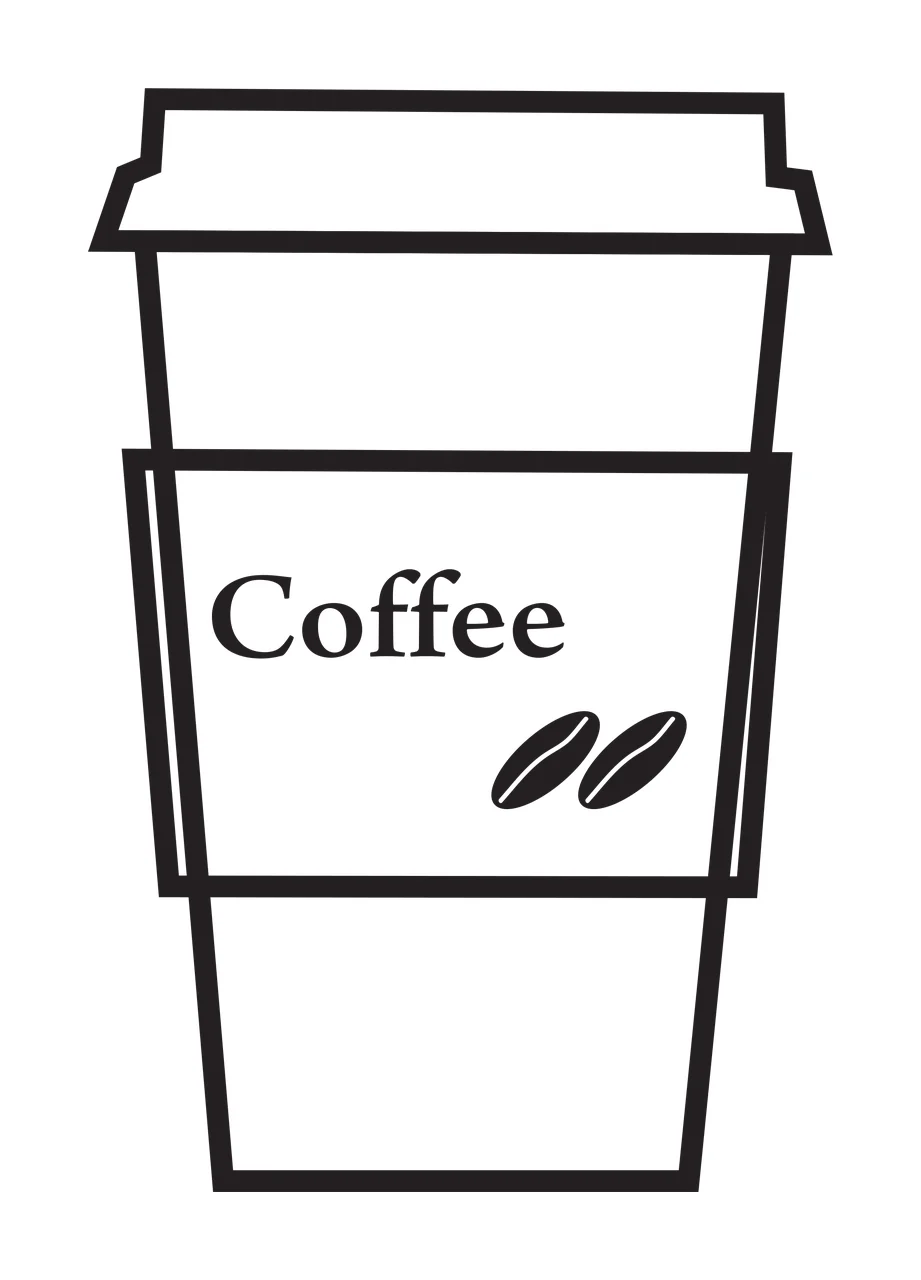 Coffee To-go coffee cup design with lid, label, text 'Coffee' and two coffee beans in black and white