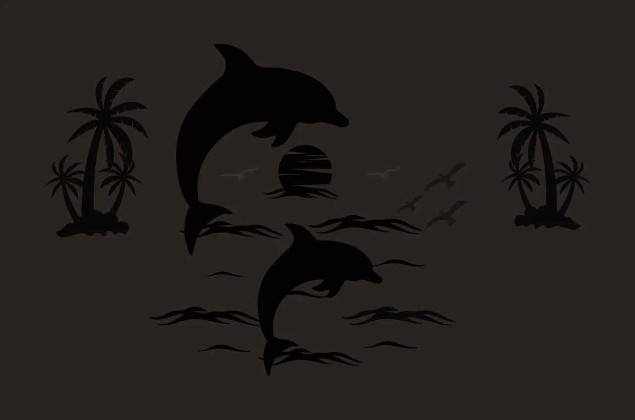 Palm Tree Dolphins Leaping Before Sunset And Palms trees sun contrast preview thumbnail