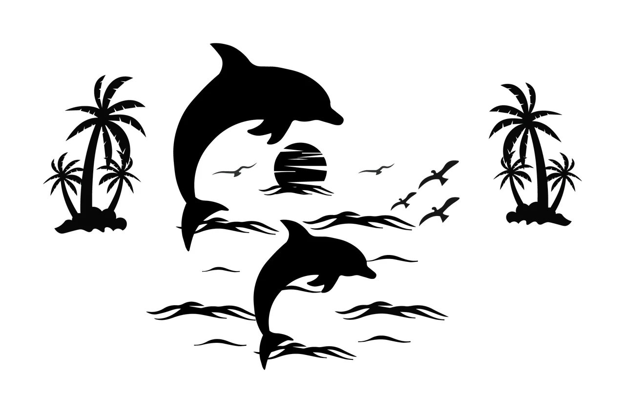 Palm Tree Dolphins Leaping Before Sunset And Palms trees sun