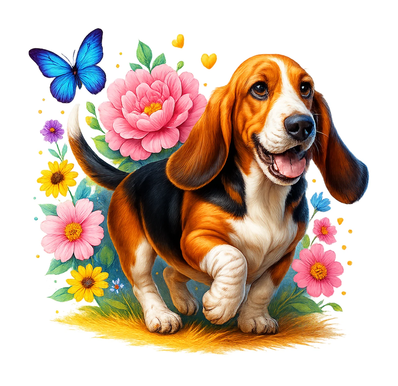 Dog Walking With Nature And Animal In Blue butterfly flowers