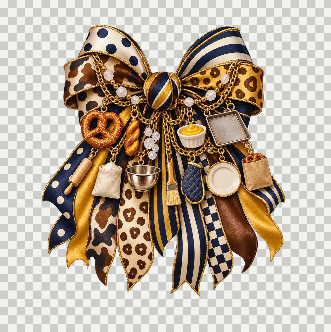 Pretzel Lover Bow Charm PNG, Themed Gold Chain Charms, Coquette Ribbon Sublimation Design, Transparent Digital Download transparency and detail preview thumbnail