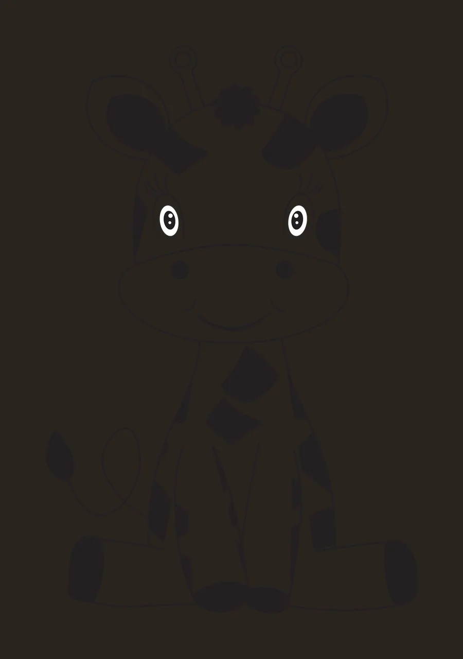 Line Art Illustration of Cartoon giraffe with giraffe with black spots, two ossicones with circular tips, black flower-like tuft on forehead and long eyelashes in white contrast preview thumbnail