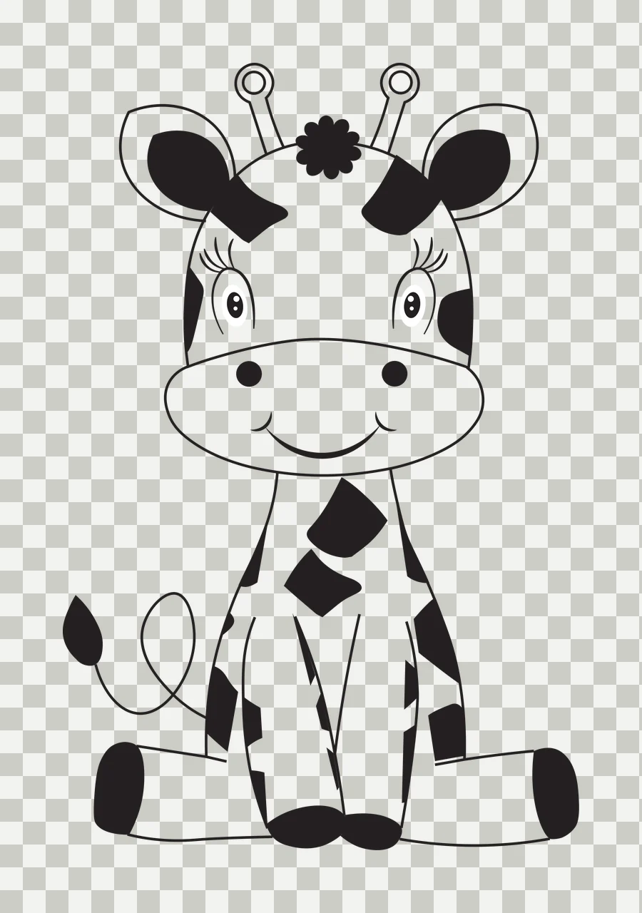 Line Art Illustration of Cartoon giraffe with giraffe with black spots, two ossicones with circular tips, black flower-like tuft on forehead and long eyelashes in white transparency and detail preview thumbnail