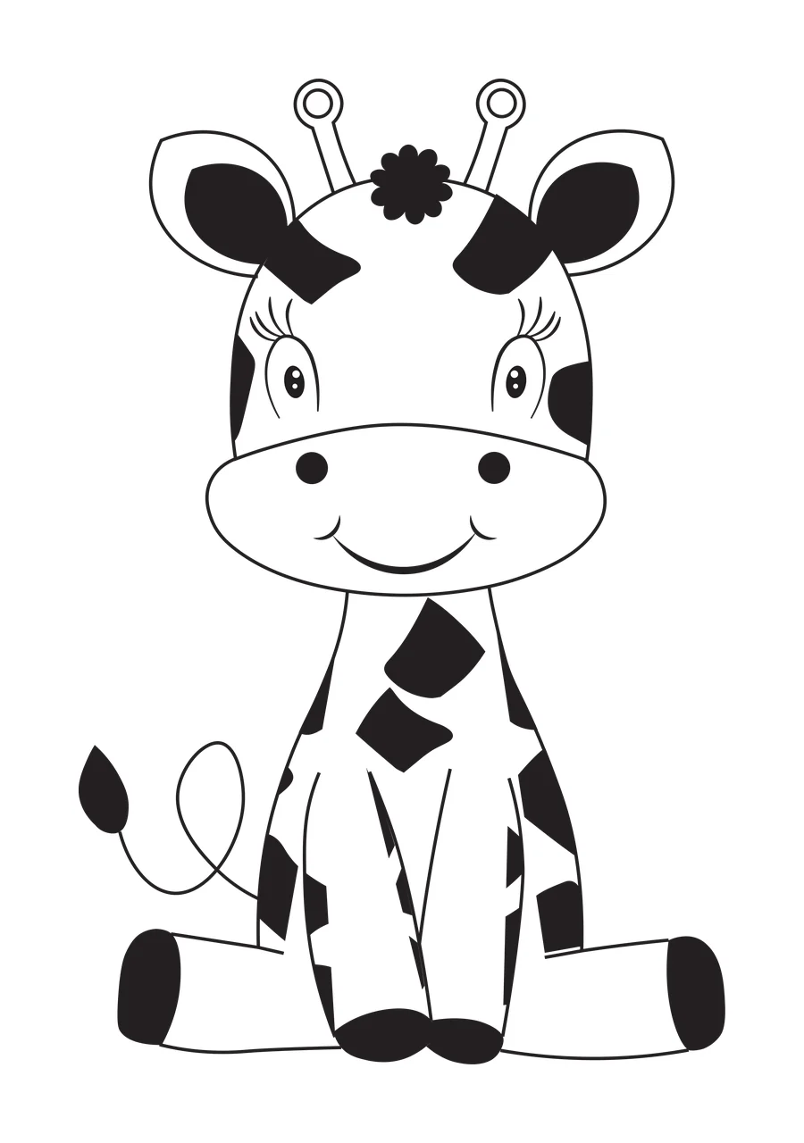 Line Art Illustration of Cartoon giraffe with giraffe with black spots, two ossicones with circular tips, black flower-like tuft on forehead and long eyelashes in white