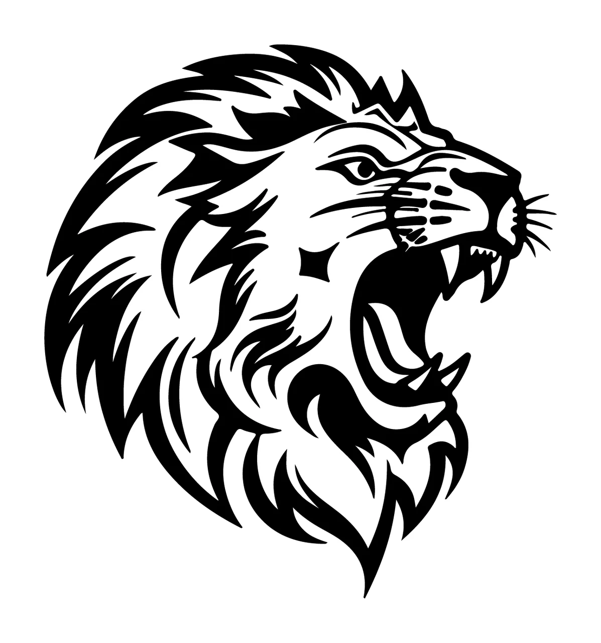 Lion Head Roaring Side Silhouette mane teeth black white animal