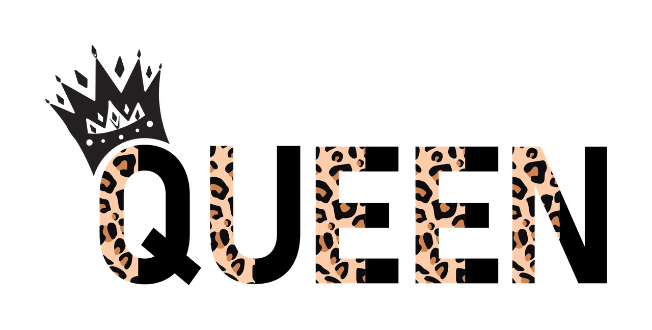 QUEEN Typography Design with QUEEN text, crown, leopard print and solid black in tan