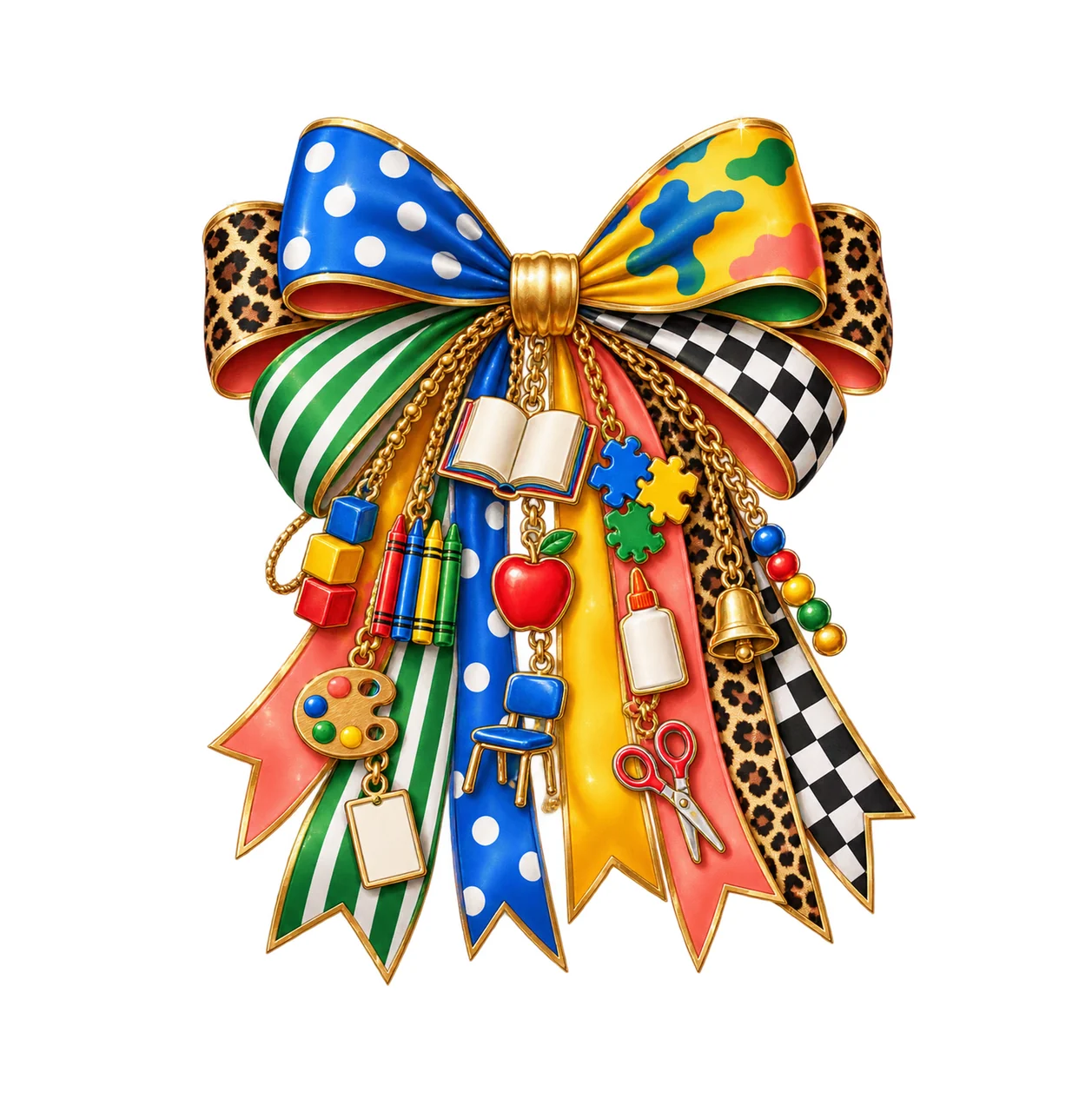 Kindergarten Teacher Bow Charm PNG, Themed Gold Chain Charms, Coquette Ribbon Sublimation Design, Transparent Digital Download