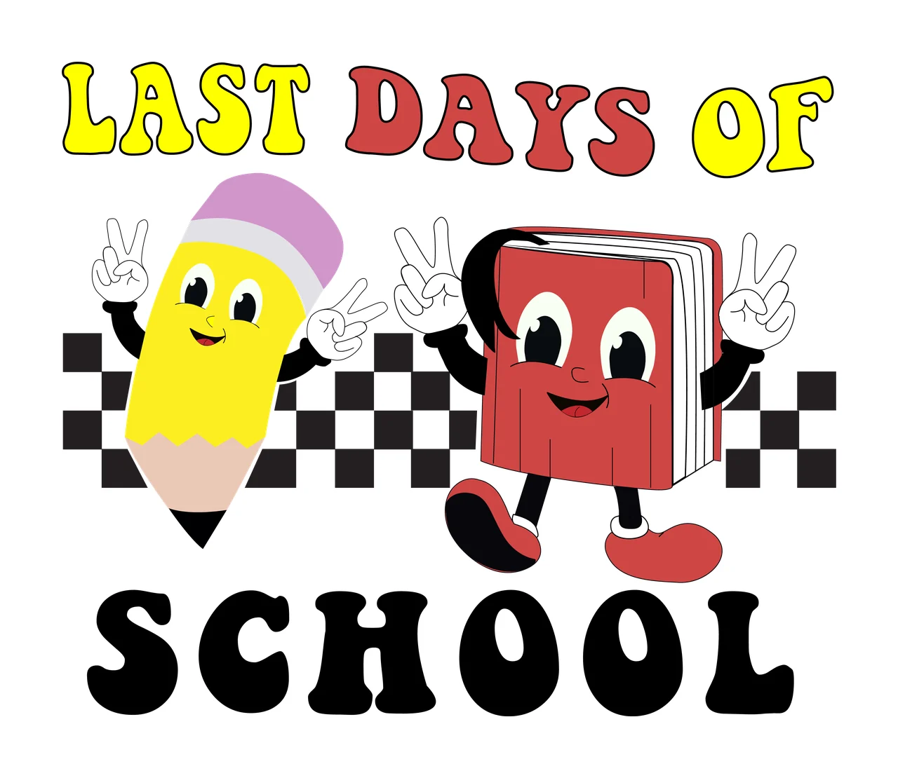 School Cartoon Characters gesturing pencil book checkerboard pattern