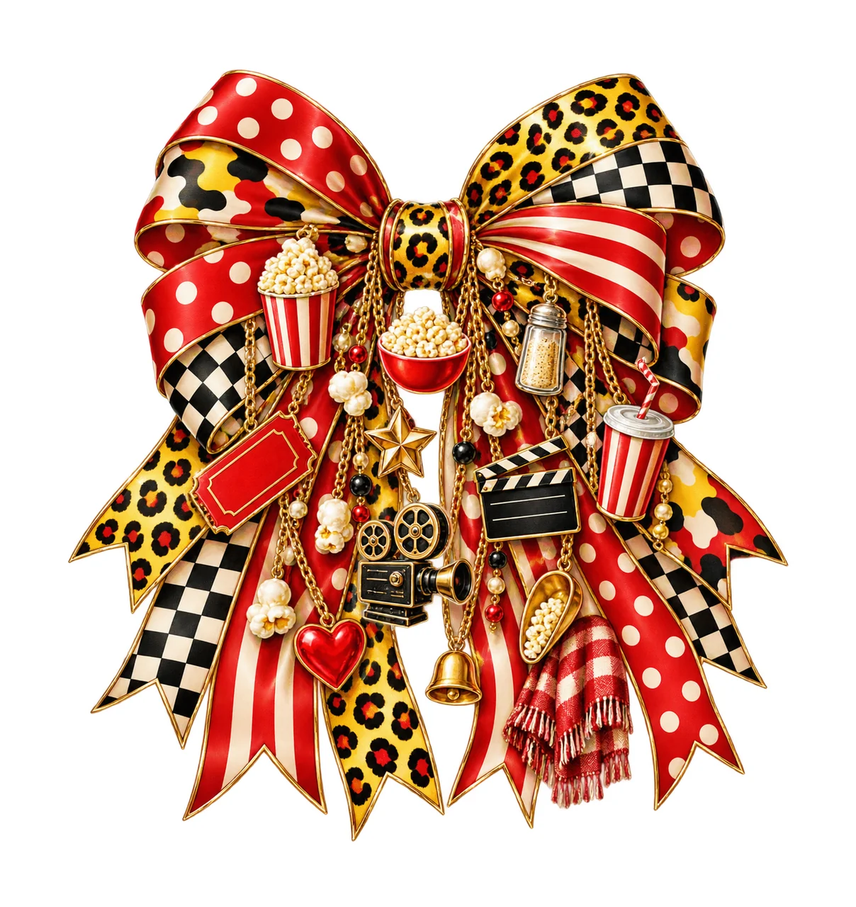 Popcorn Lover Bow Charm PNG, Popcorn Bucket Kernel Movie Reel and Ticket Charms, Snack Sublimation Design