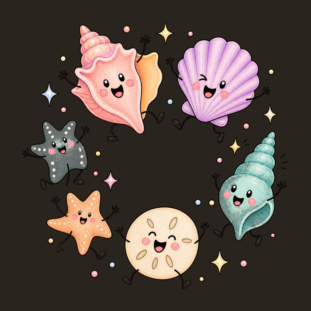 Happy Seashell Doodles Dancing Shell Characters Variation B contrast preview thumbnail