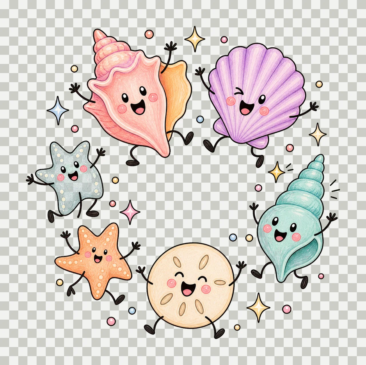 Happy Seashell Doodles Dancing Shell Characters Variation B transparency and detail preview thumbnail